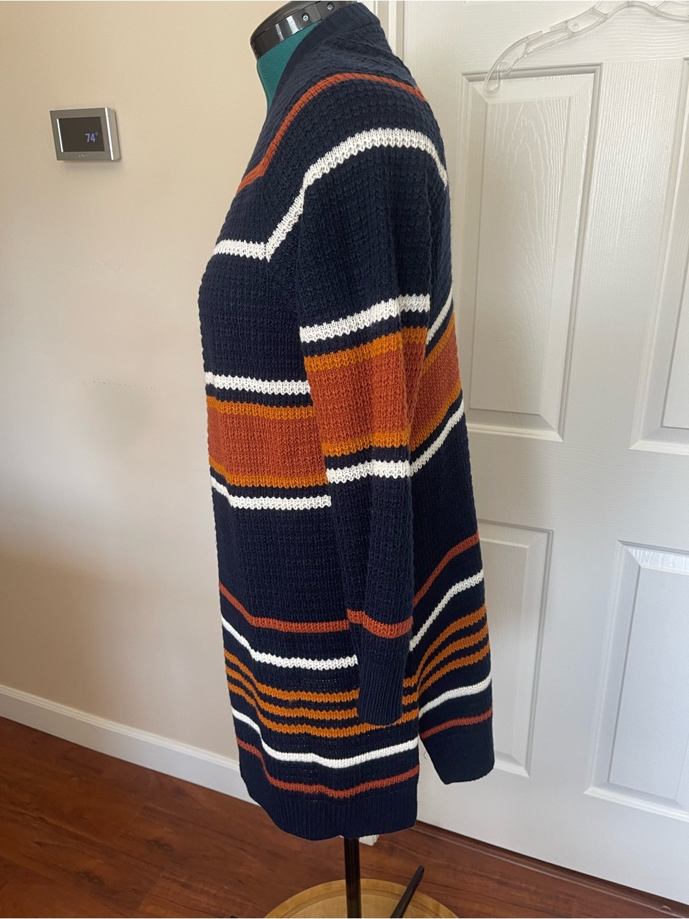 Macy's Navy Open-Front Striped Cardigan with Rust & Cream - Picture 13 of 14